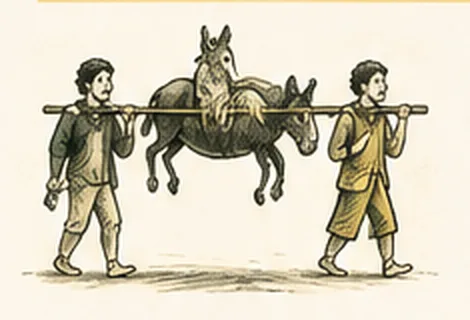 Le sage et son fils portent l'âne sur leurs épaules